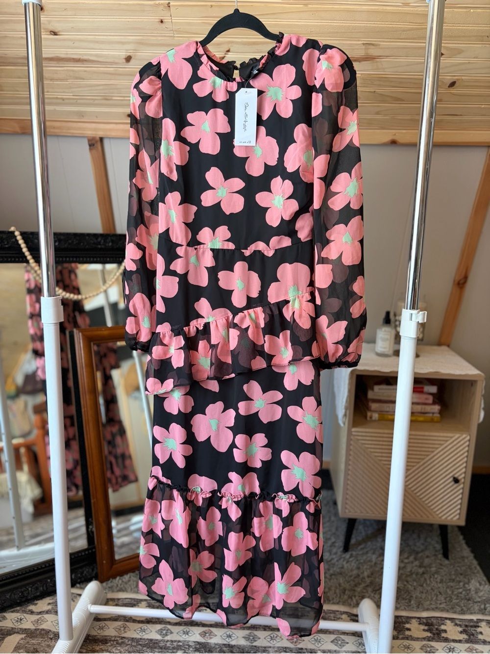 Miss Selfridge Women's Black Long-sleeve Maxi Dress with Pink Floral Print Sz 8